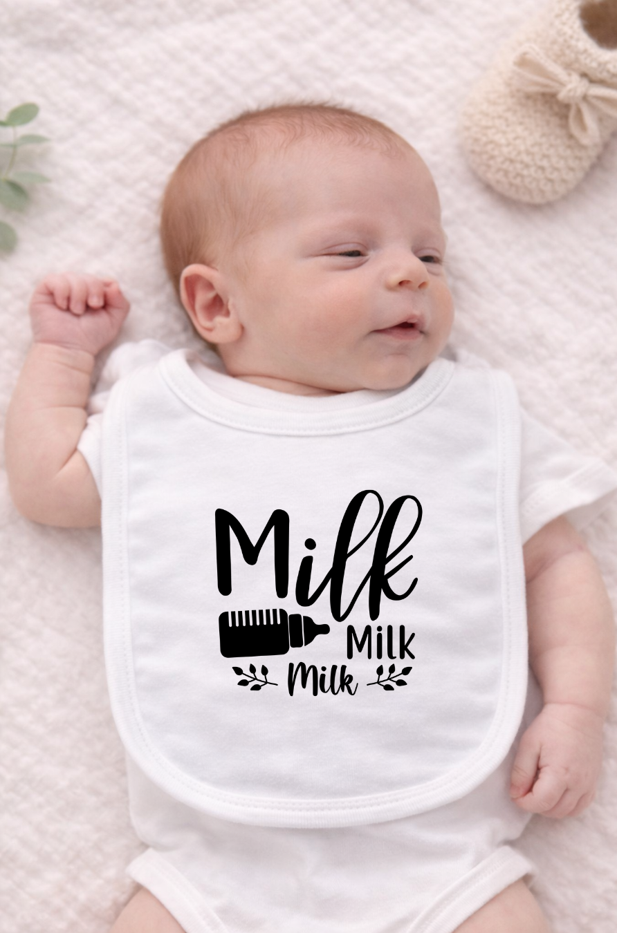 Cute baby feeding bib featuring “Milk, Milk, Milk” phrase