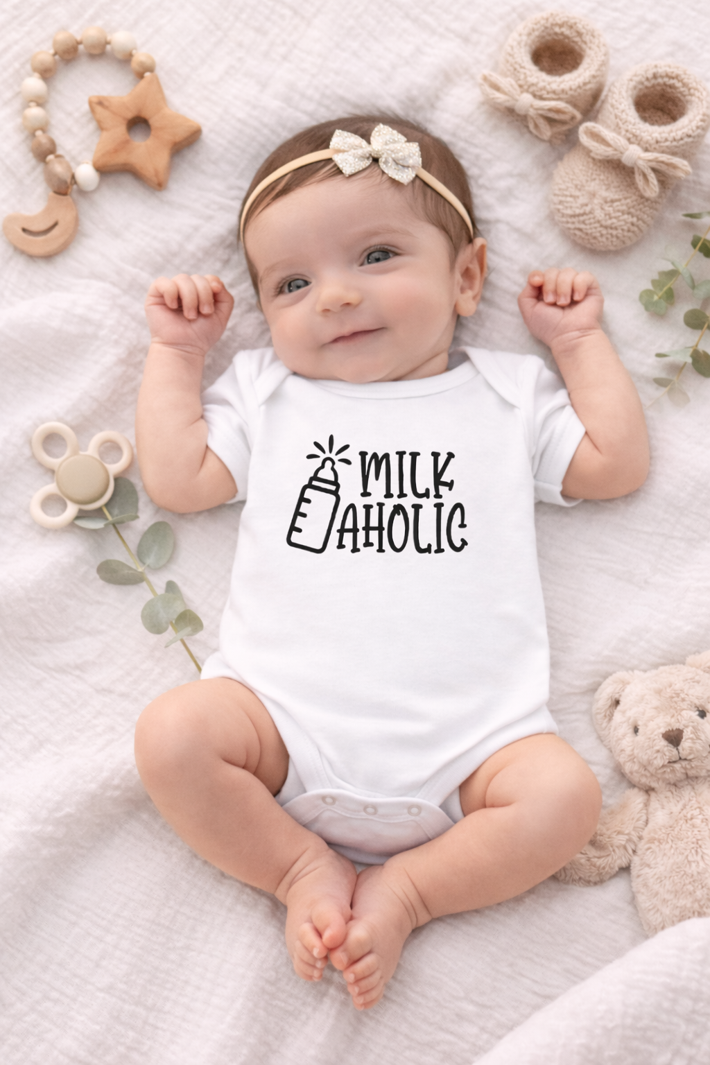 Baby wearing a 'Milk Aholic' onesie surrounded by toys and plants on a soft surface