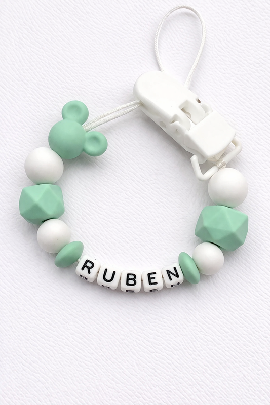 Mint green and white silicone dummy clip personalised