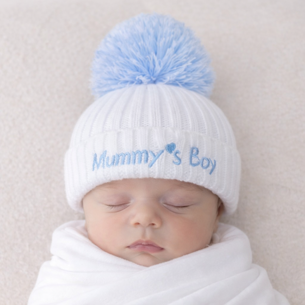 Newborn baby wearing a white knit hat with a blue pom-pom and 'Mummy's Boy' text, wrapped in white blanket.