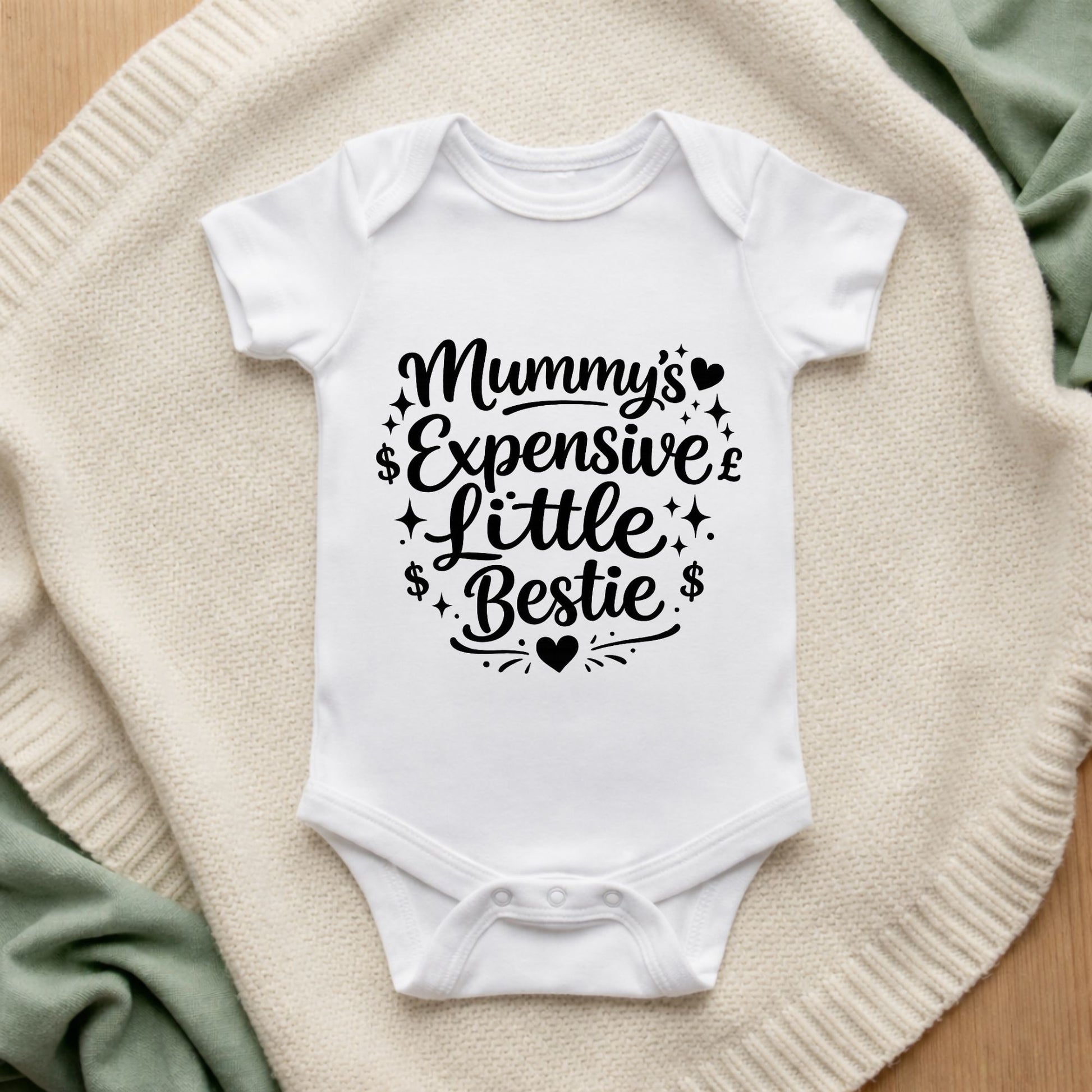White baby onesie with 'Mummy's Expensive Little Bestie' text on a textured surface.