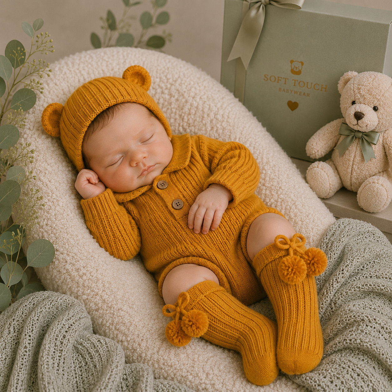 Newborn baby in mustard yellow knitted outfit with matching hat and socks, surrounded by soft textures and a teddy bear.