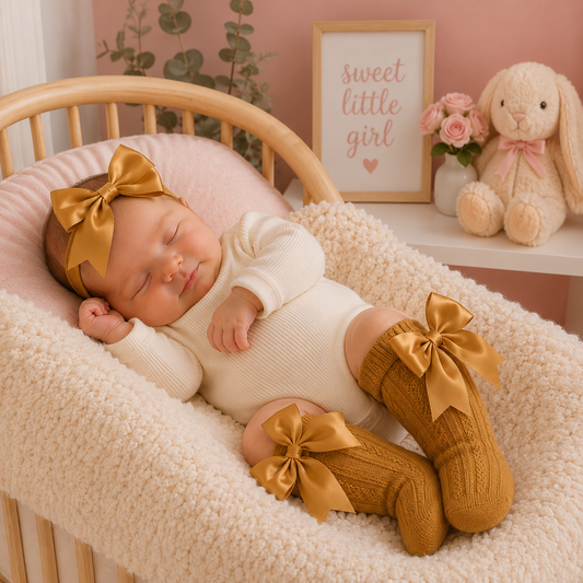 Newborn baby in a crib with gold bows, surrounded by decorative items in a nursery.