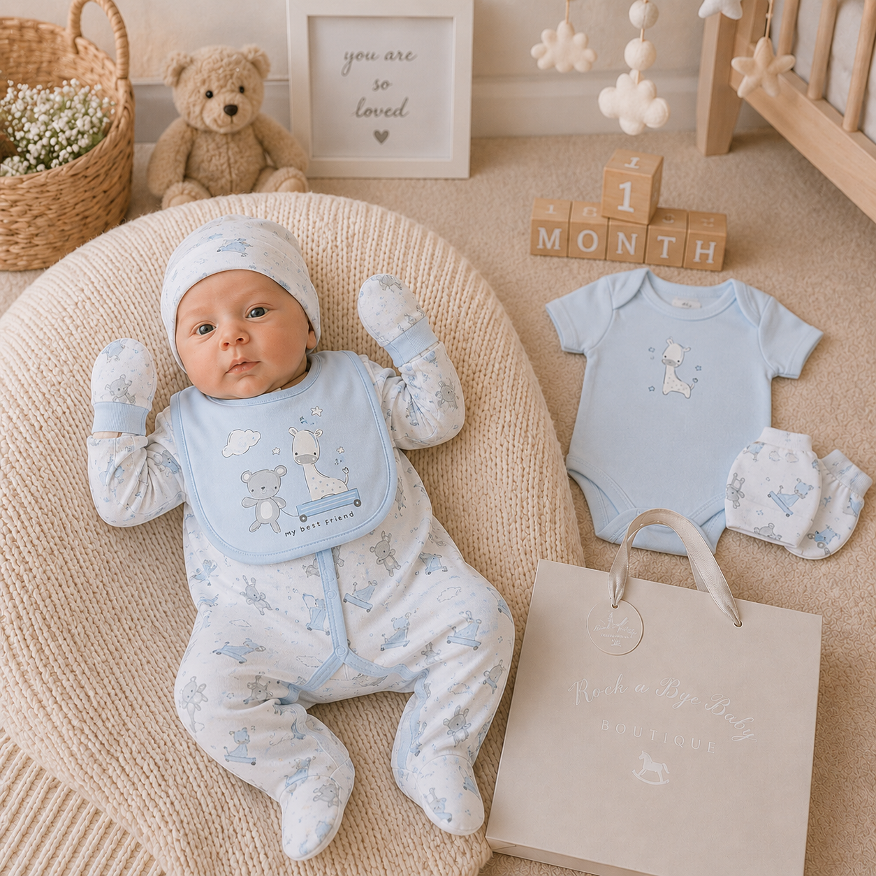 A baby outfit set displayed on a cream knit cushion in a nursery-like setting, with a baby wearing a light blue and white footed sleeper, matching hat, and bib. A matching light blue bodysuit, diaper cover, and shopping bag are placed beside it, along with teddy bear, framed quote, wooden blocks, and crib decor.