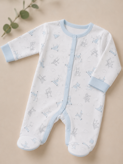 A baby long-sleeve footed sleeper in white with light blue trim and a light blue cartoon animal print, laid flat on a beige background with a small eucalyptus sprig in the corner.