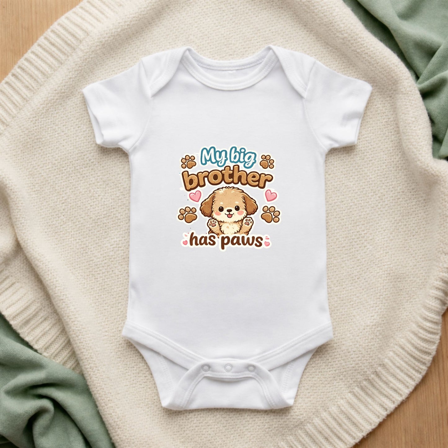 White baby onesie with 'My big brother has paws' text and puppy illustration on a beige blanket.