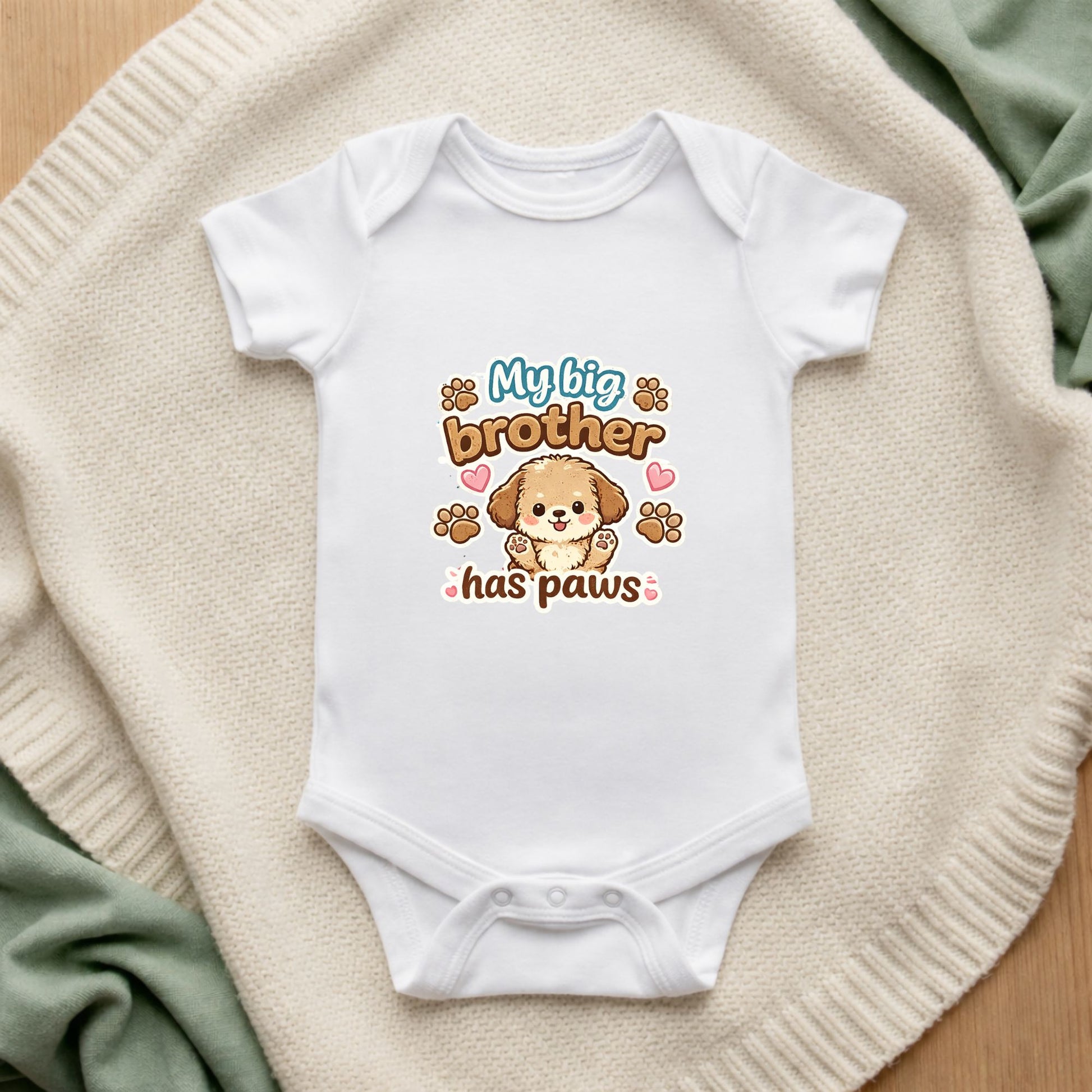 White baby onesie with 'My big brother has paws' text and puppy illustration on a beige blanket.