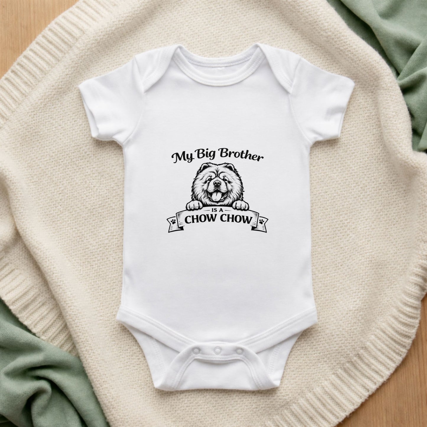 White baby onesie with a graphic and text on a textured surface My Big Brother is a Chow Chow Baby Bodysuit