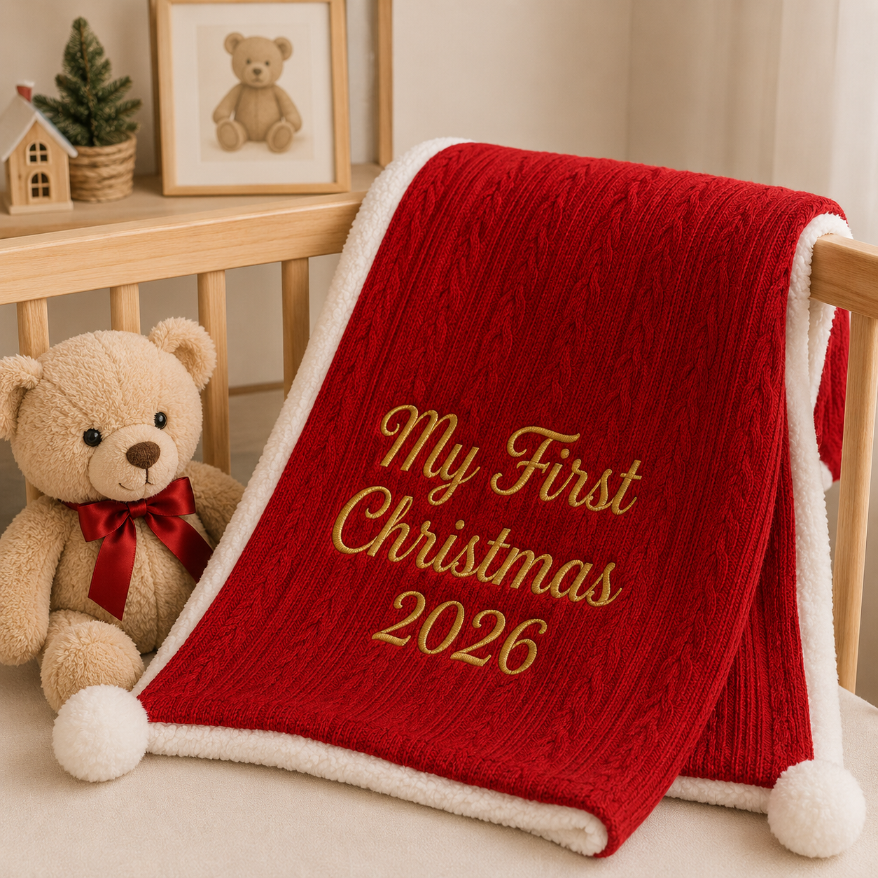 A red cable-knit Christmas-themed blanket with white sherpa trim and pom-poms, draped over a wooden crib. The blanket features the embroidered text 'My First Christmas 2026' in gold.
