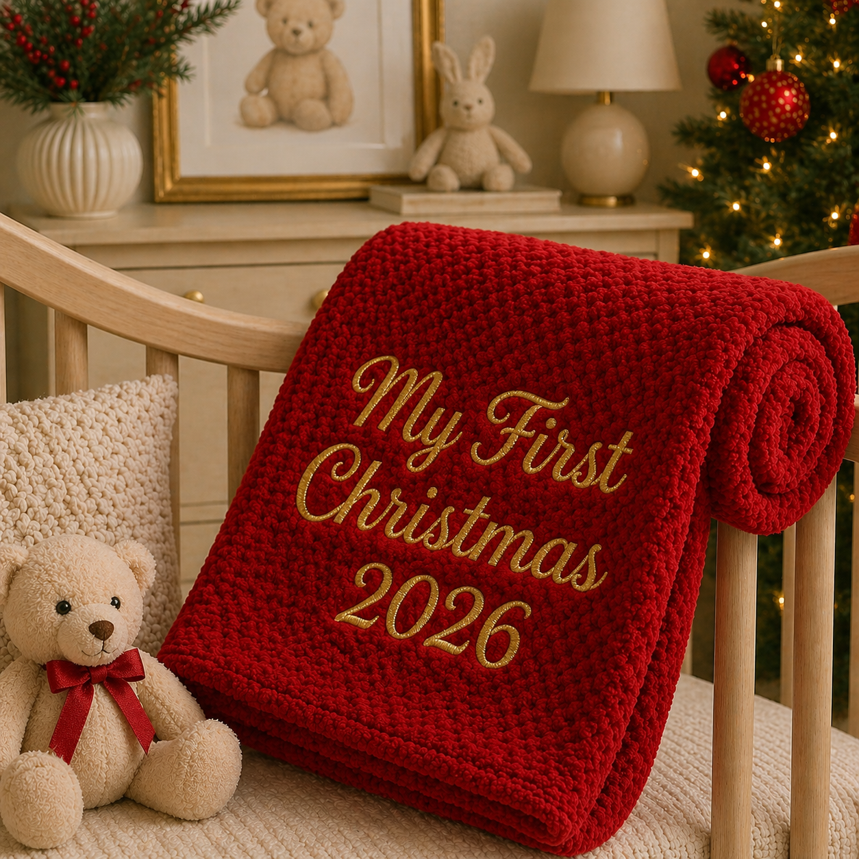 Red blanket with 'My First Christmas 2026' text on a crib with teddy bear and Christmas decorations.