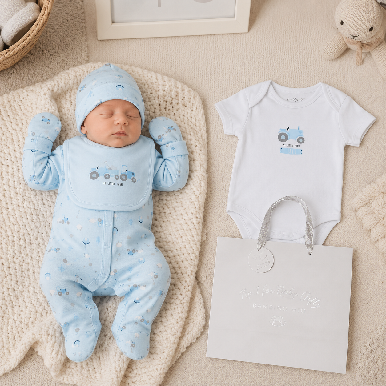 Newborn baby in blue outfit with matching hat and matching onesie on a beige blanket.
