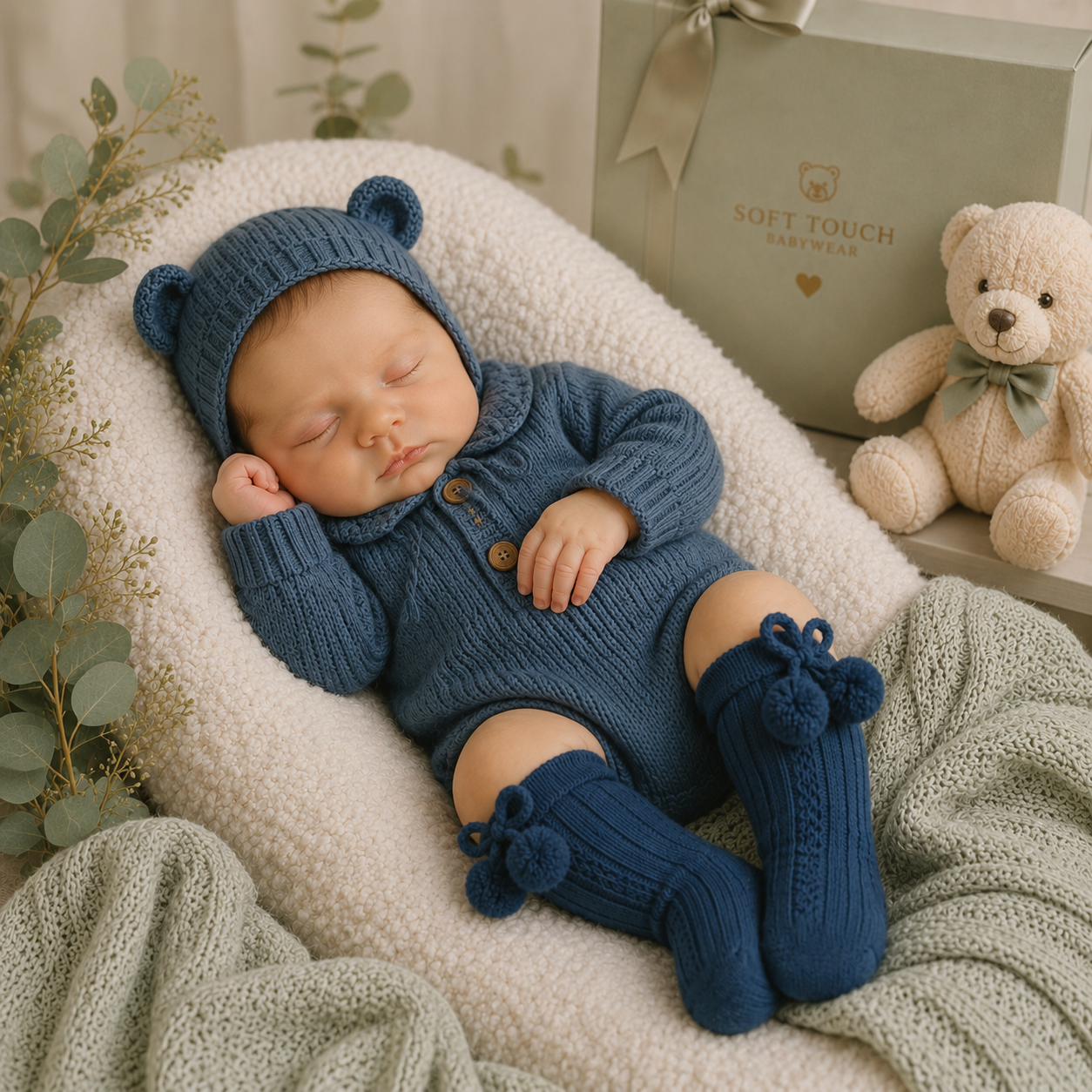 Newborn baby in a blue knitted outfit with bear ears, lying on a soft surface with a teddy bear and gift box in the background.