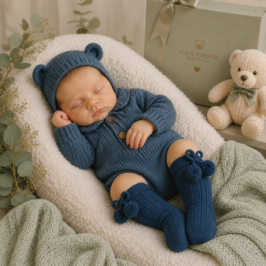 Newborn baby in a blue knitted outfit with bear ears, lying on a soft surface with a teddy bear and gift box in the background.