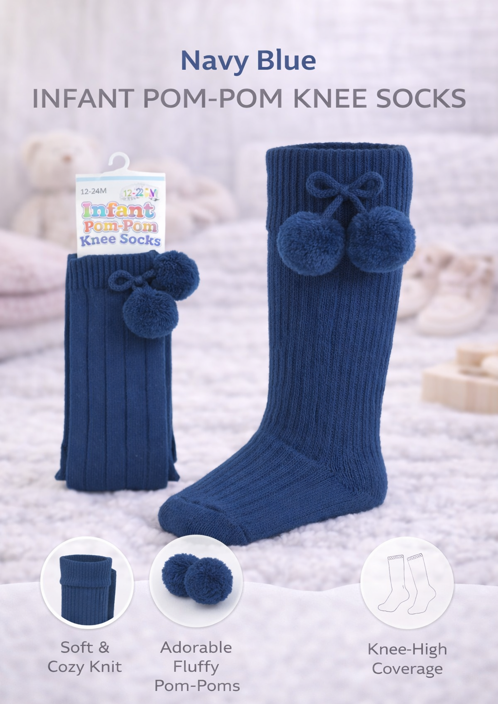 These navy infant pom-pom knee-high socks are designed to keep tiny legs warm while adding a sweet finishing touch to any outfit.