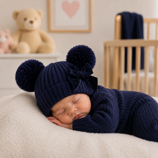 Navy Ribbed Double Pom Pom Baby Hat with Bow – Newborn to 12 Months ✨ PRE-ORDER
