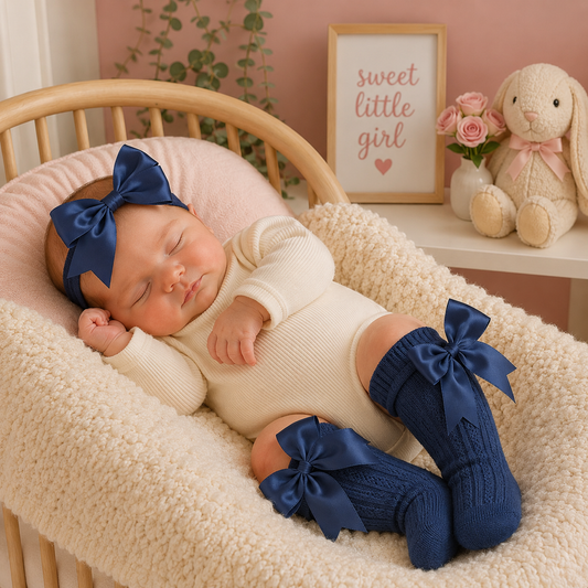Newborn baby in a crib wearing navy blue bows with a 'sweet little girl' sign in the background.
