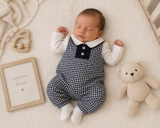 A sleeping newborn baby lies on a cream quilted blanket, wearing a navy and white houndstooth romper over a white long-sleeve shirt. The scene is styled with a wooden rattle, a framed print reading 'pequeño tesoro', and a cream teddy bear.