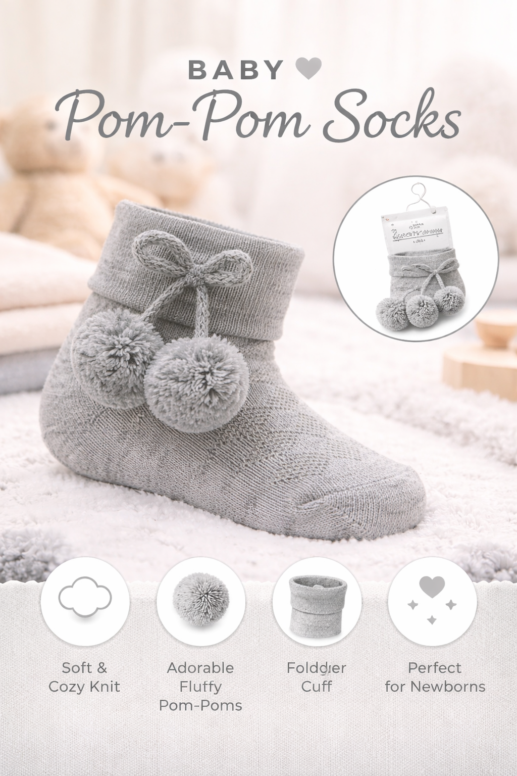 A beautiful neutral essential for your newborn’s first wardrobe. These grey baby pom-pom socks combine comfort and charm, making them a perfect finishing touch for cozy days and precious memories.