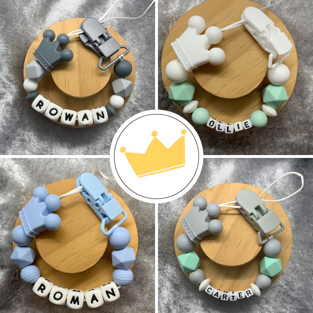 Personalised Dummy holder, Pacifier chain, Mam dummy clip new baby gift - CROWN