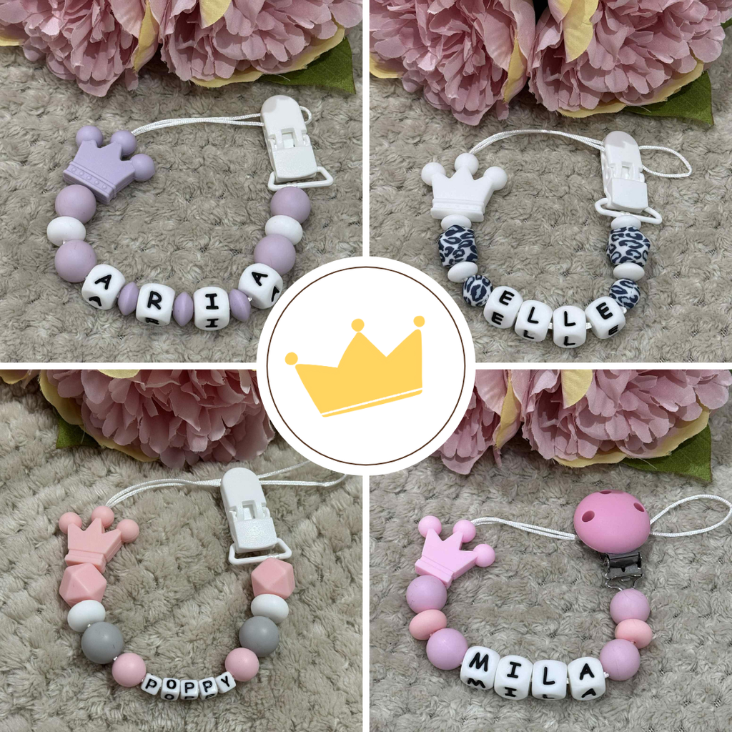 Personalised Dummy holder, Pacifier chain, Mam dummy clip new baby gift - CROWN