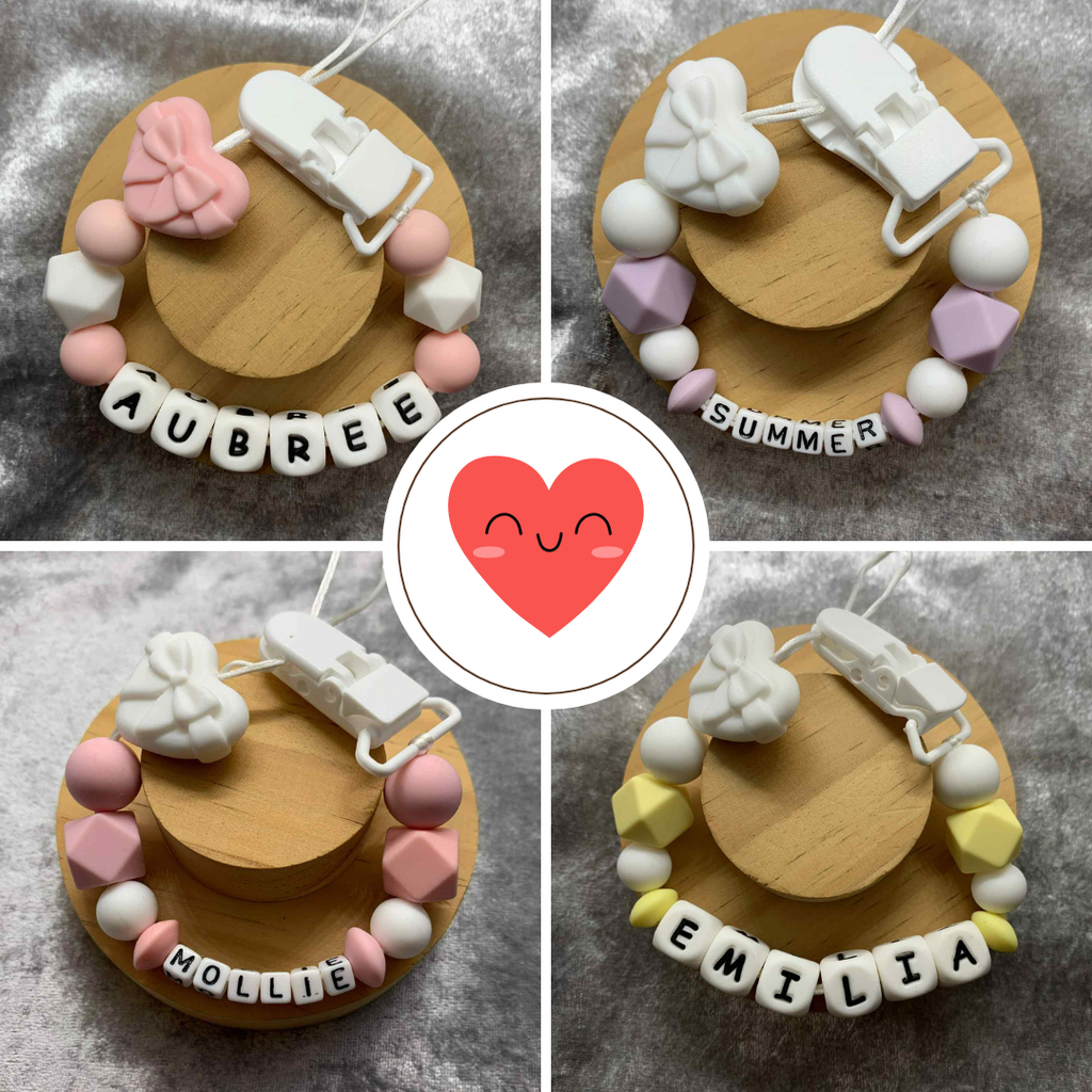 Personalised Dummy holder, Pacifier chain, Mam dummy clip new baby gift - HEARTS