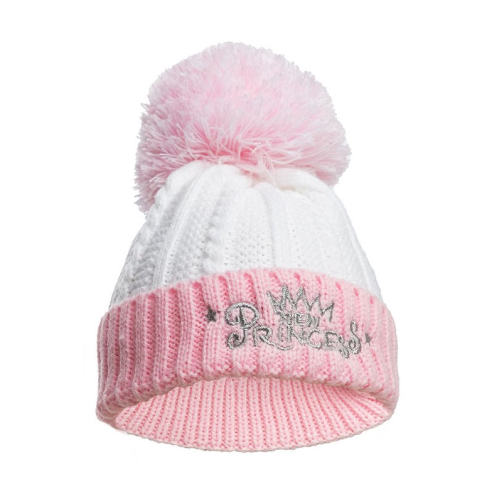 White and pink knit hat with a pom-pom and 'Princess' embroidery on a white background