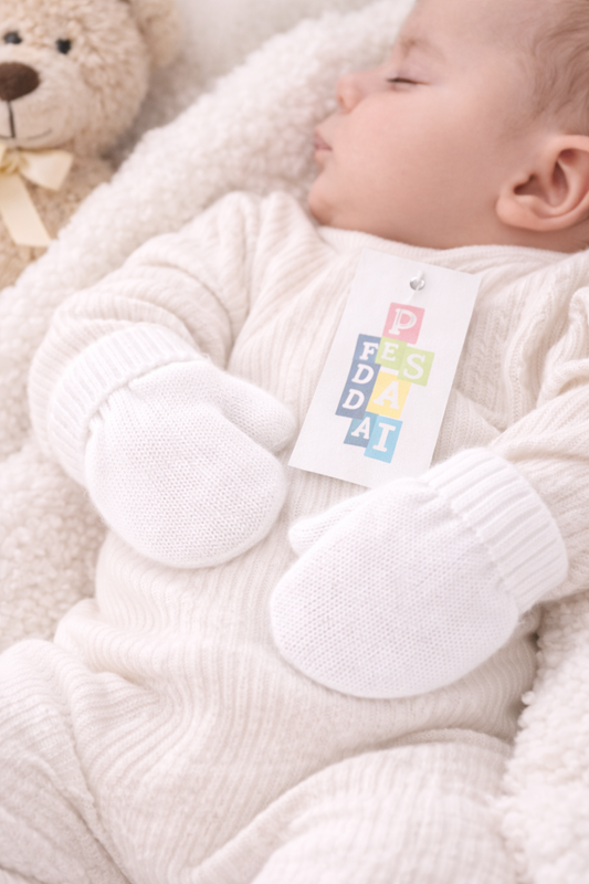 Minimal flat lay photograph of newborn anti-scratch hand mittens in white cotton, arranged on a textured beige blanket with neutral baby props for a clean, modern product mock up.