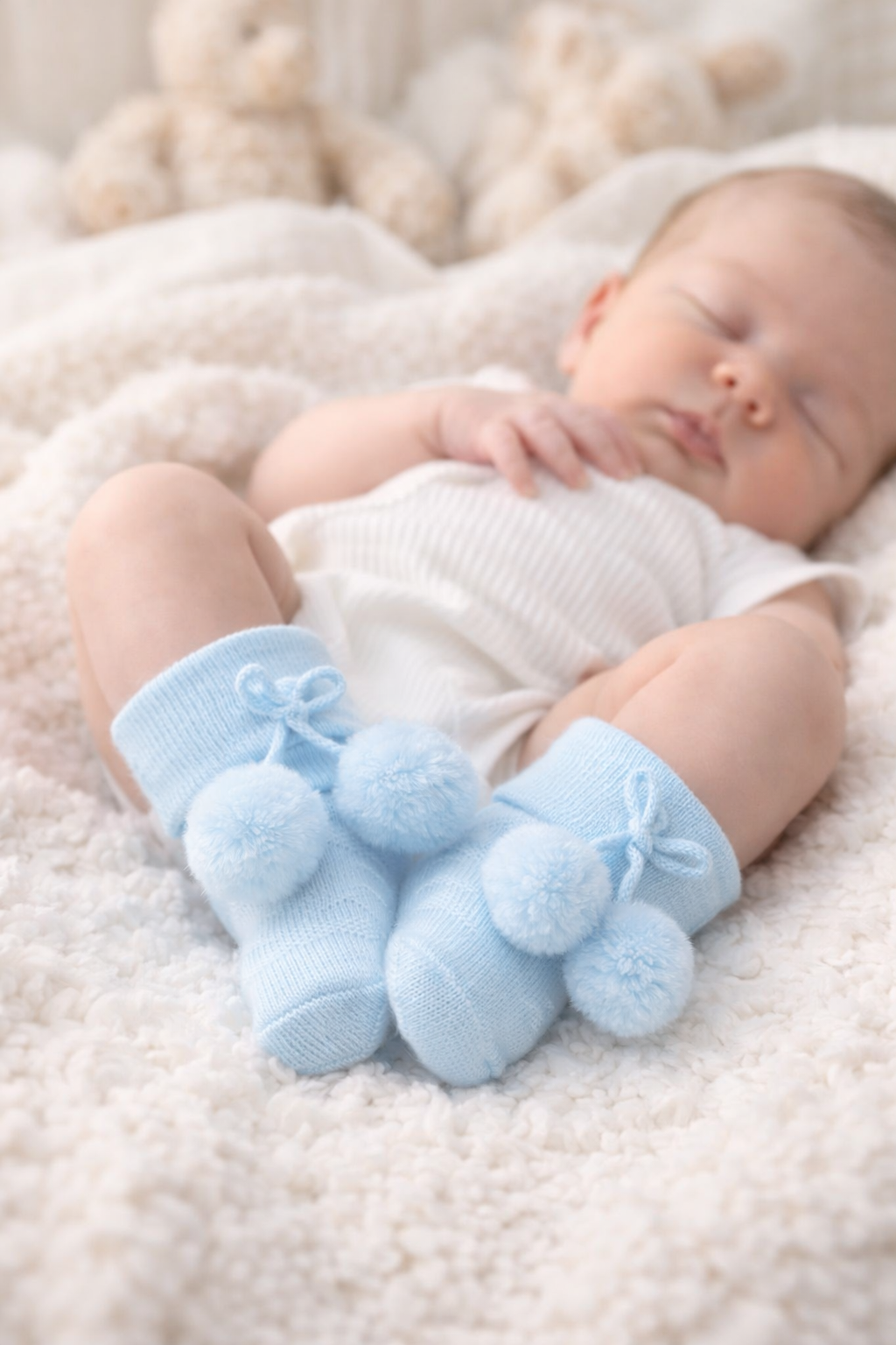 Wrap tiny feet in comfort with these adorable newborn baby pom-pom socks, designed for softness, warmth, and a gentle fit.

Made from a cozy knit fabric, these socks feature a fold-over cuff to help keep them securely in place, while the fluffy pom-poms and delicate bow add a charming finishing touch. Perfect for everyday wear, special moments, or newborn photos.

Details:

Suitable for newborns (0–6 months)

Soft, breathable knit fabric

Fold-over cuff for comfort and fit

Lightweight and gentle on delicat