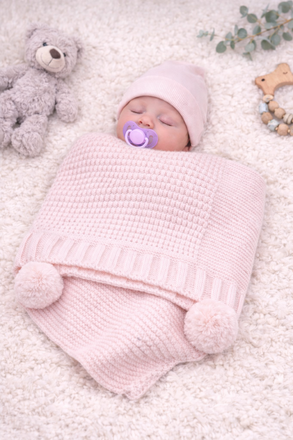 Sleeping newborn baby swaddled in a soft pink knitted blanket with pom pom details, using a lilac dummy, styled on a cosy cream background with teddy bear and wooden baby accessories.#