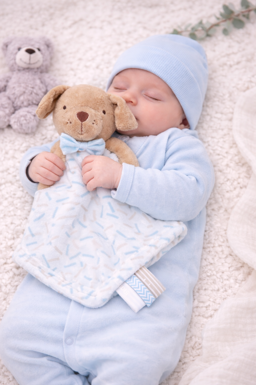 Peaceful newborn baby lying on a fluffy neutral background, holding a soft dog-shaped baby comforter with pastel details, ideal for soothing sleep and newborn photography.