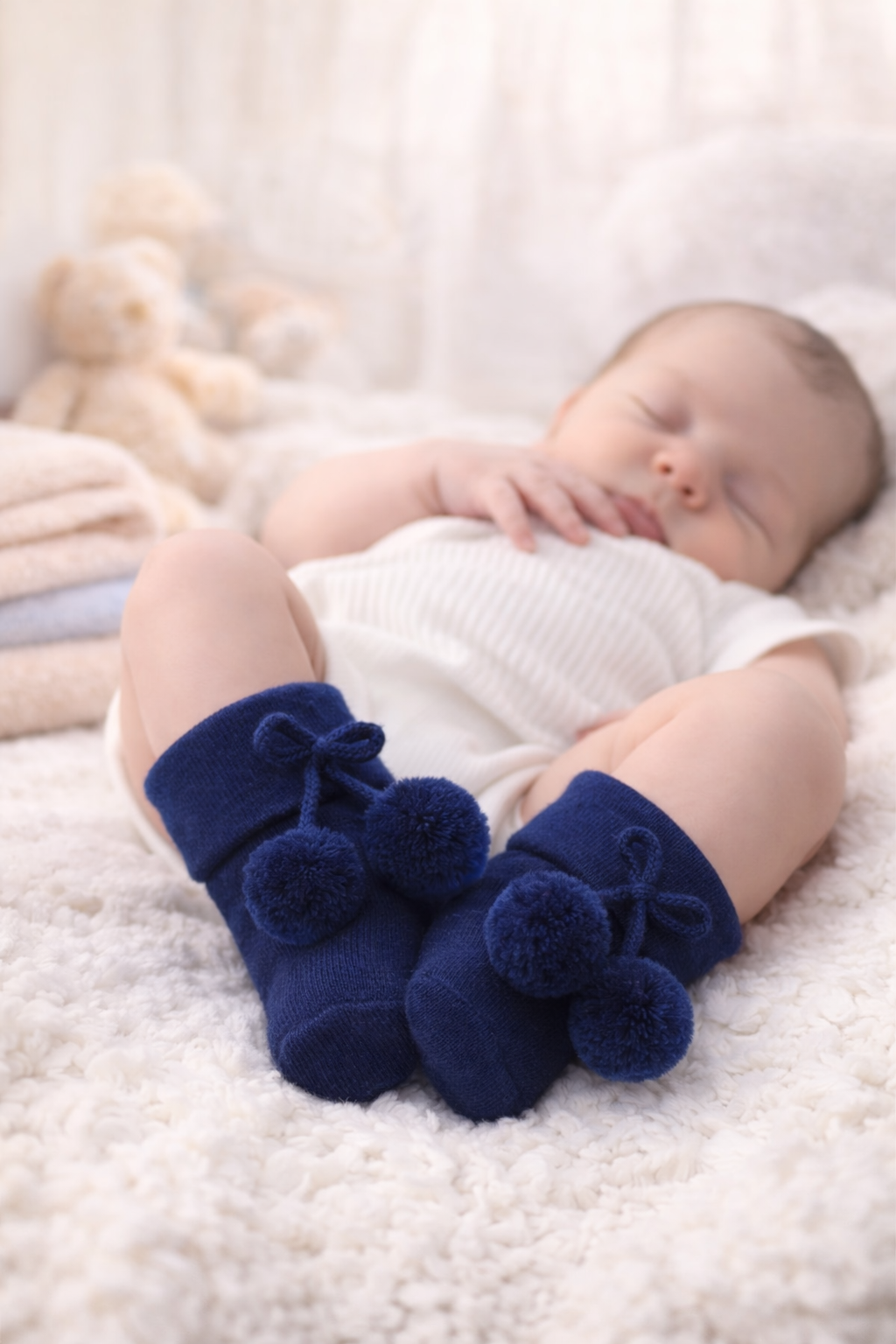 Newborn baby wearing navy blue pom-pom socks, sleeping on a soft cream blanket