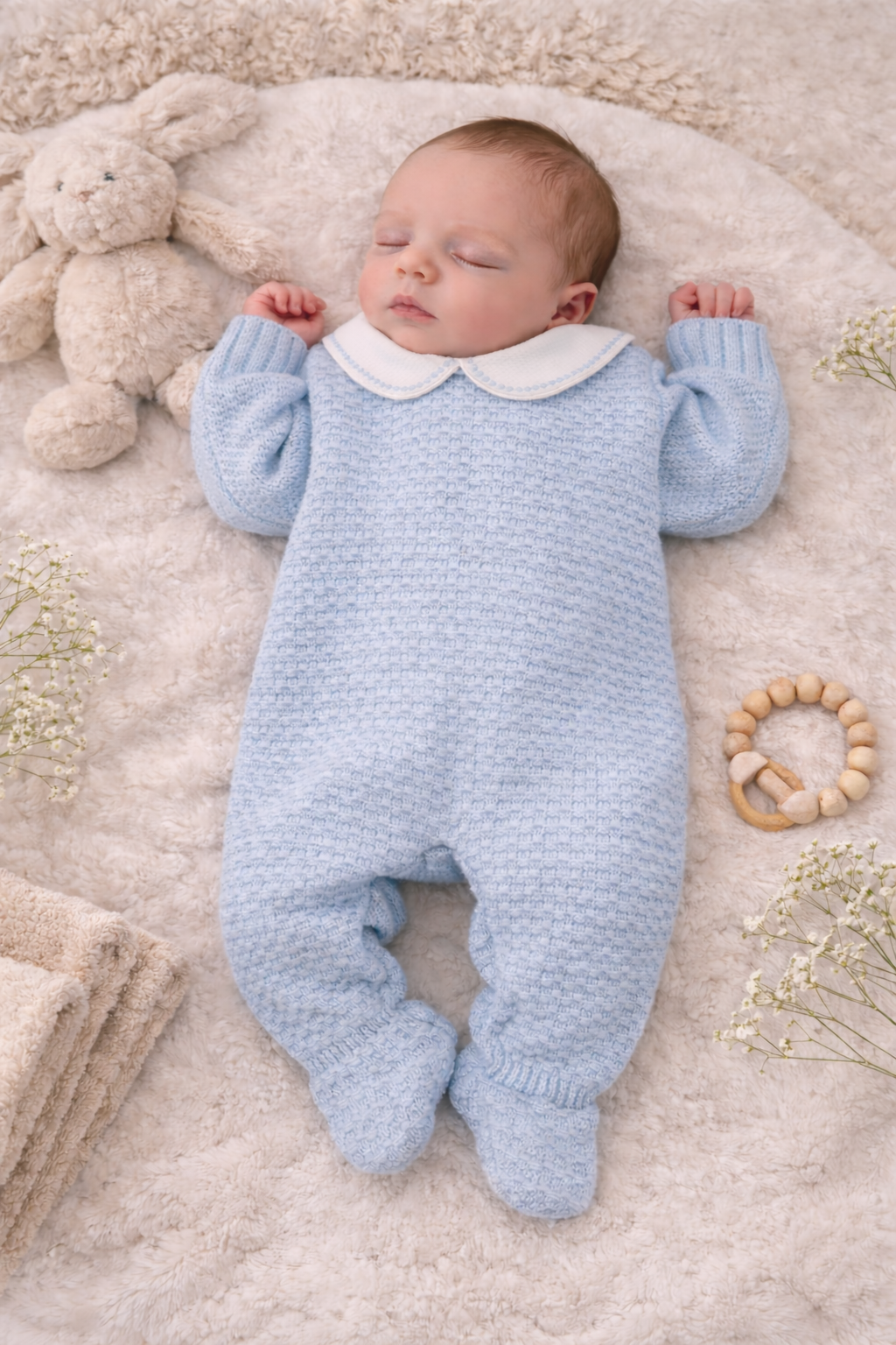 Newborn baby sleeping on a soft cream blanket wearing a light blue knit romper with a white Peter Pan collar, styled with neutral props.