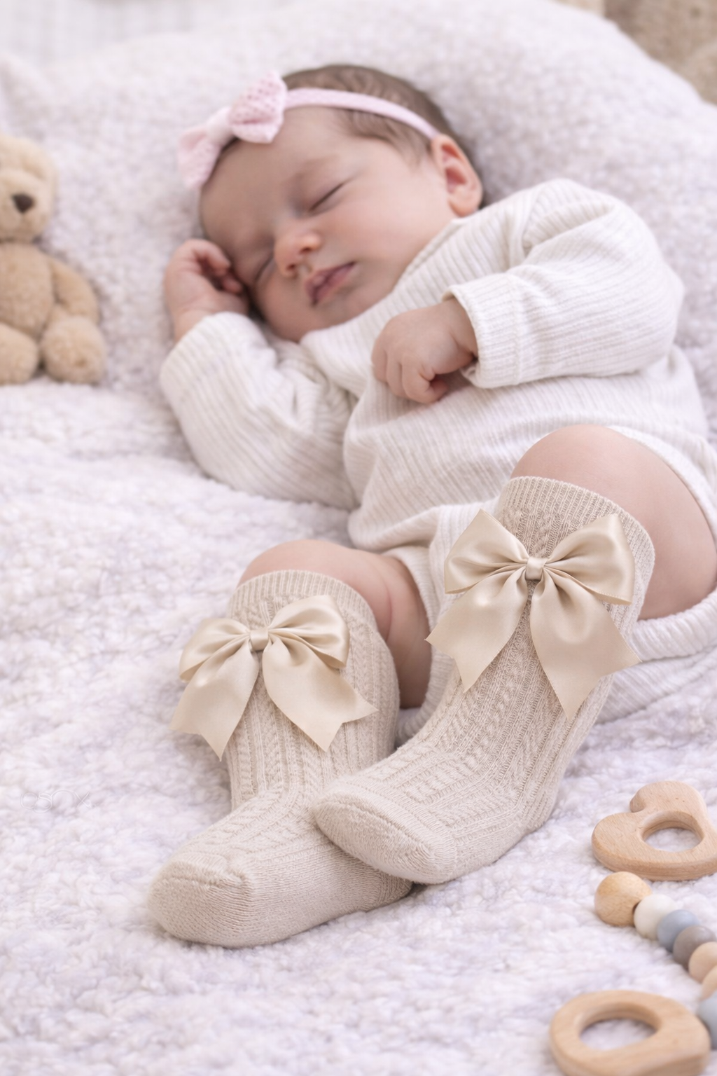 Sleeping newborn baby girl dressed in a neutral ribbed onesie and headband, wearing beige knit knee-high socks with satin bows, resting on a plush white blanket with wooden baby toys and a teddy bear nearby.