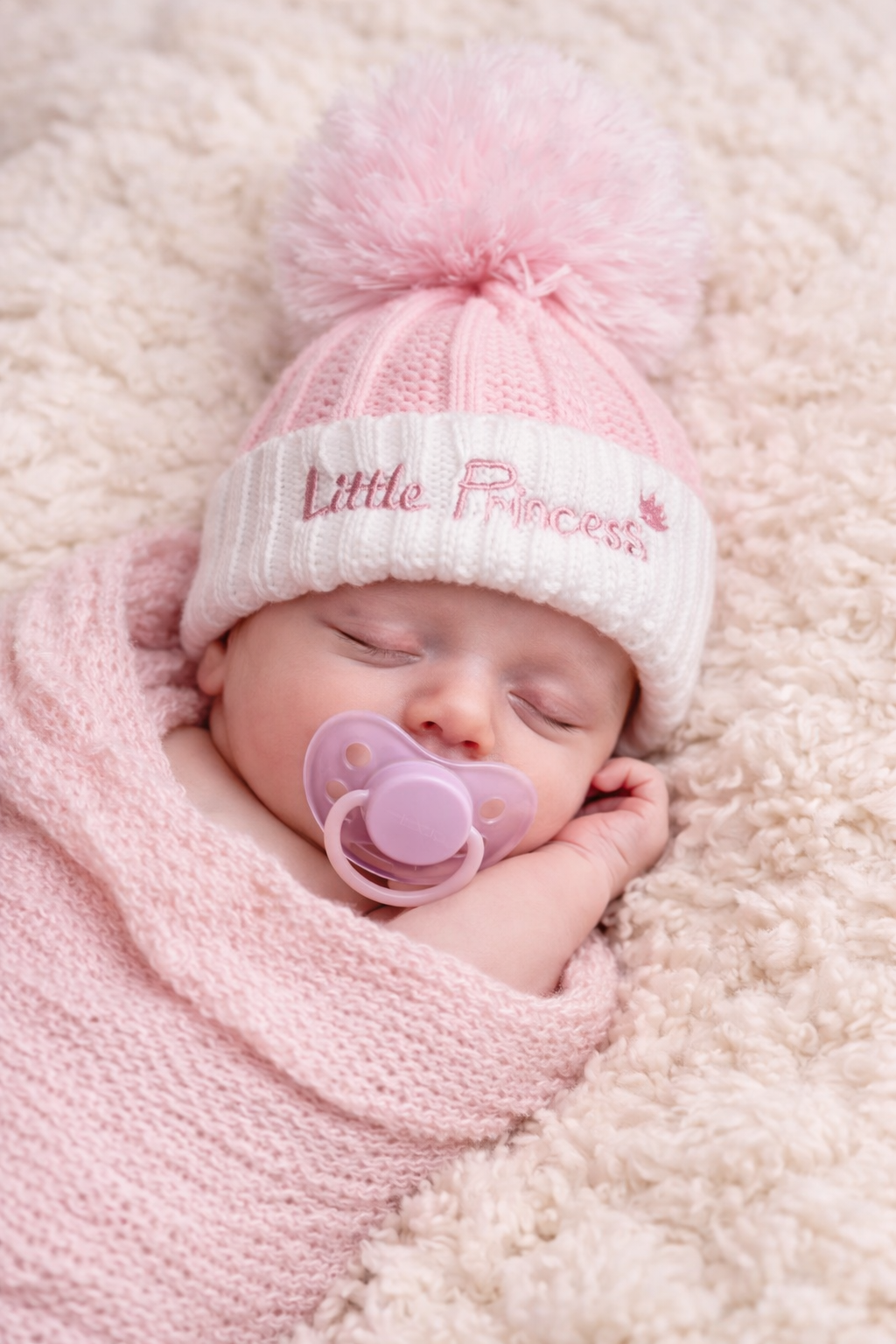 Sleeping newborn baby girl wrapped in a soft pink blanket, wearing a pink cable knit hat with pom pom and embroidered “Little Princess” detail on a cream background.