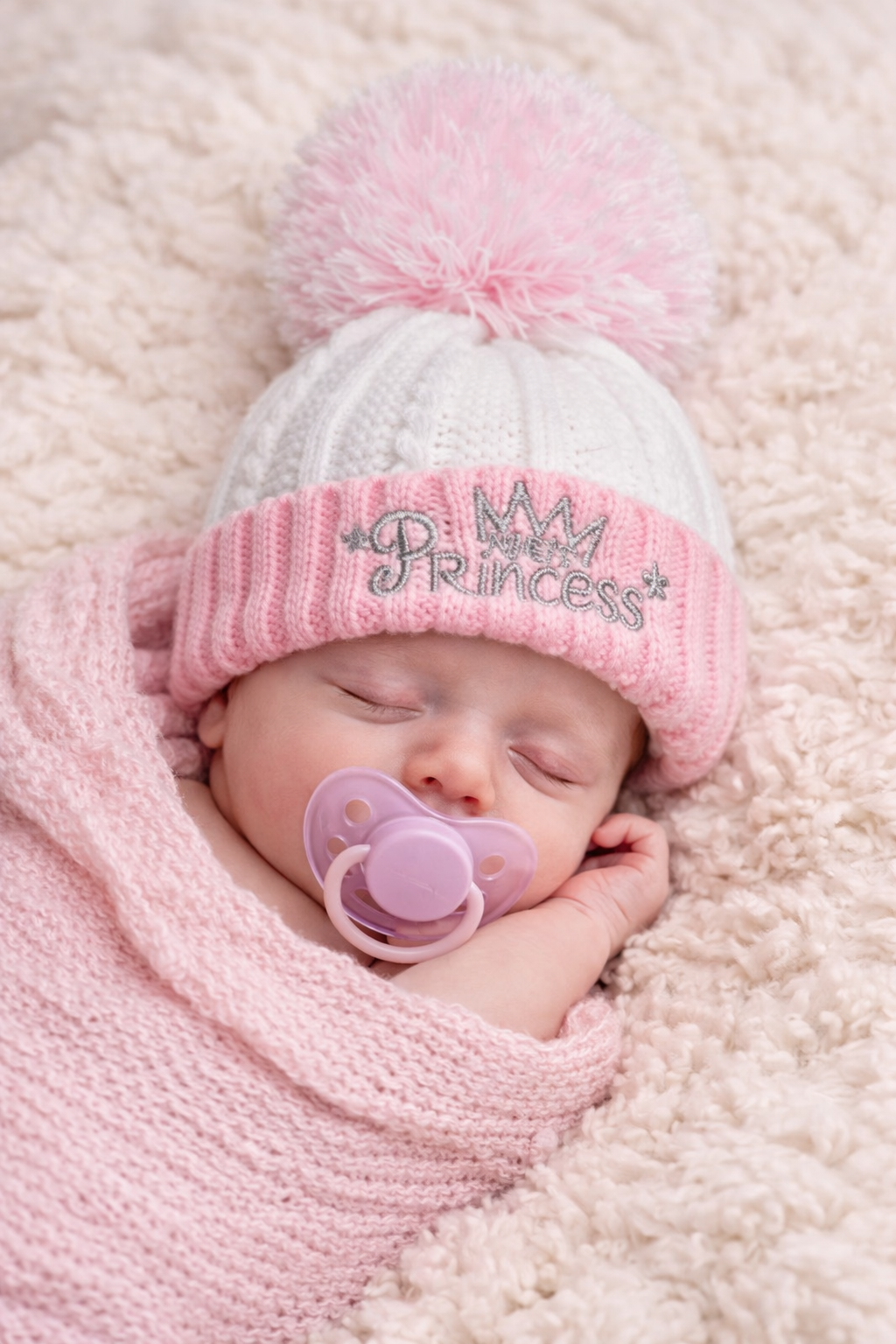 Sleeping newborn baby girl swaddled in a soft pink blanket, wearing a pink and white cable knit hat with fluffy pom pom and embroidered “My Princess” crown detail, styled on a cozy cream background.