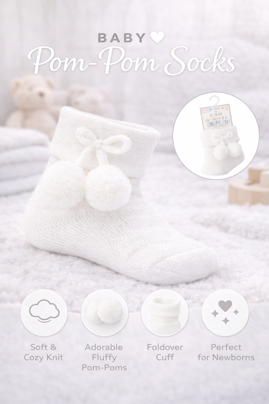 White newborn pom-pom socks worn by baby, soft knit with bow detail