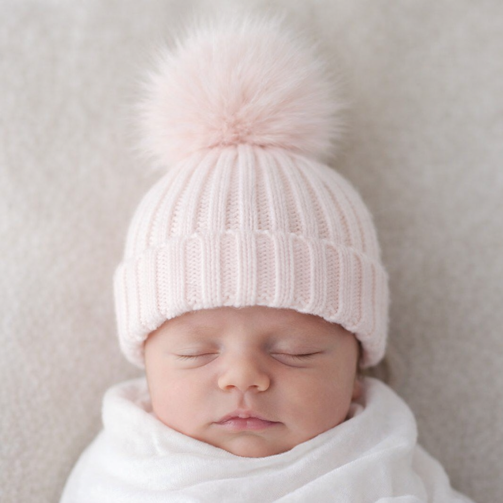 Soft newborn mockup featuring a sleeping baby styled in a pale pink ribbed knit beanie with a fluffy pom pom. The baby is wrapped in a white blanket against a neutral background, creating a gentle, cozy look ideal for babywear product listings, branding, and marketing visuals.
