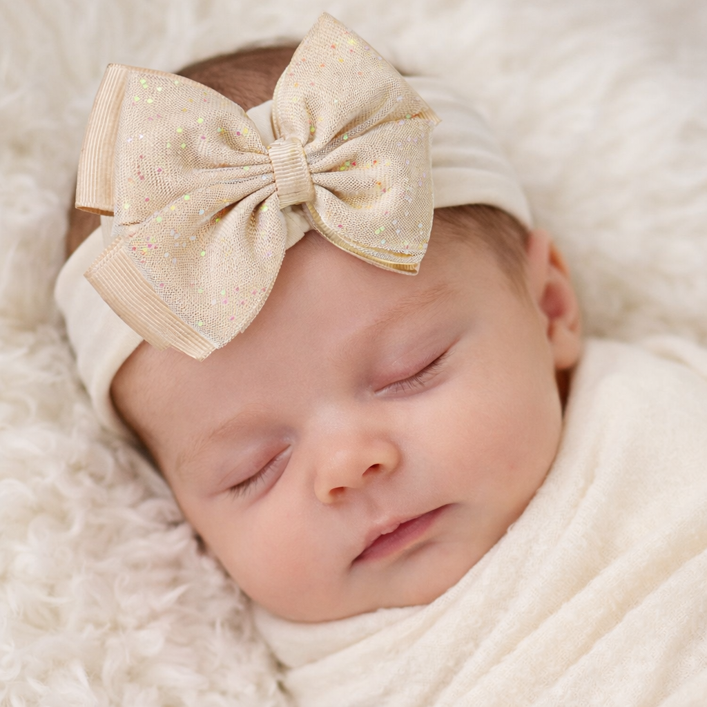 A close-up lifestyle mock-up of a peaceful newborn baby wearing a soft beige elastic headband featuring a large glitter tulle bow. The bow has subtle pastel sparkles and a classic layered design, perfectly centered on the baby’s head. The baby is sleeping on a plush neutral blanket, creating a warm, elegant, and timeless look ideal for newborn photos, baby gifts, and special occasions.