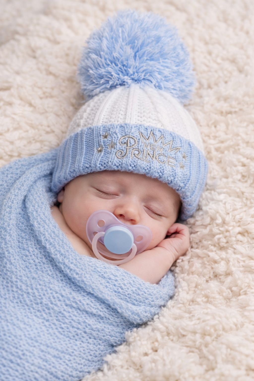 A peaceful newborn baby boy sleeping on a soft cream blanket, wearing a blue and white knitted “My Prince” hat with a fluffy pom pom. The baby is swaddled in a matching blue wrap, creating a cosy, neutral-toned newborn photoshoot scene perfect for baby boy winter accessories and gift listings.