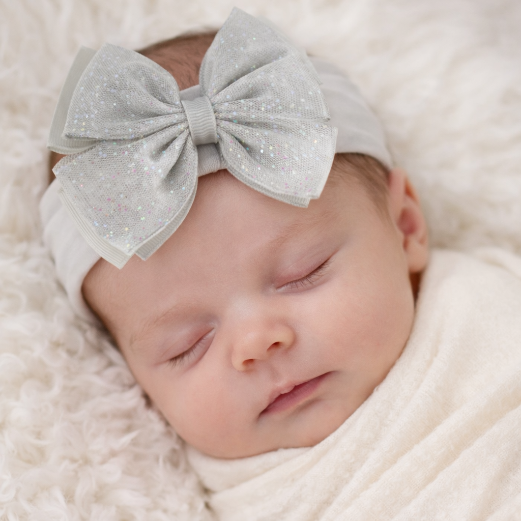 A lifestyle mock-up featuring a peacefully sleeping newborn baby wearing a soft grey elastic headband with a large glitter tulle bow. The bow is accented with delicate pastel sparkles and a layered design, positioned comfortably on the baby’s head. Styled on a plush neutral blanket with gentle, natural lighting, this image highlights the headband’s elegant and versatile look—perfect for newborn photography, baby shower gifts, and special occasions.