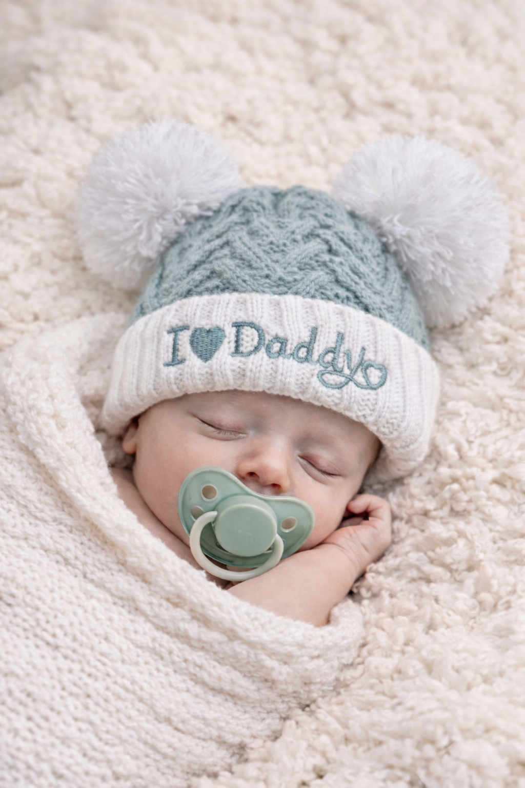 Sleeping newborn baby wrapped in a soft cream blanket, wearing a sage green and white cable knit hat with double pom poms and embroidered “I Love Daddy” detail, styled with a matching sage green pacifier for a cosy, neutral newborn photoshoot look.