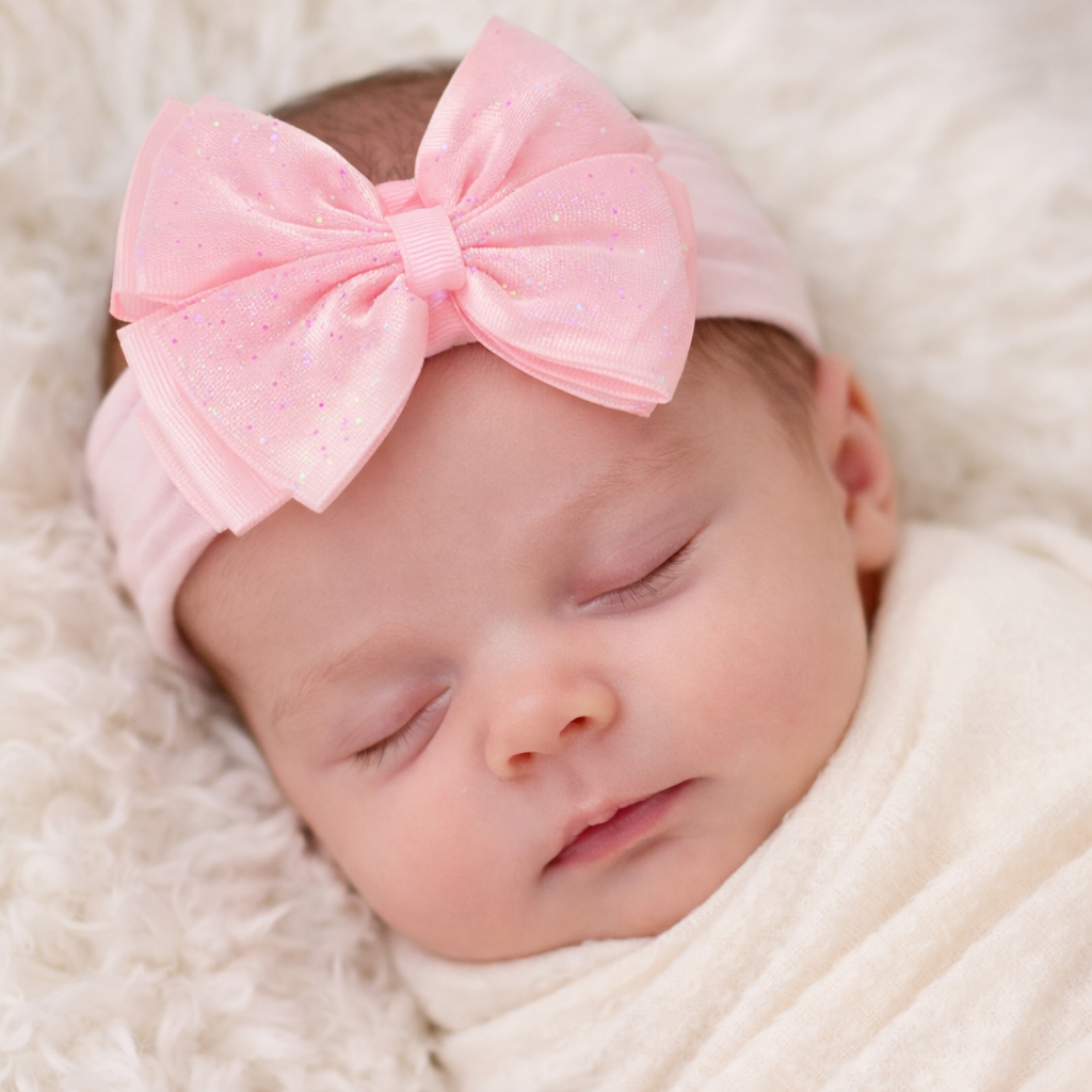 A lifestyle mock-up featuring a peacefully sleeping newborn baby wearing a soft pink elastic headband with a large glitter tulle bow. The bow has delicate pastel sparkles and a layered design, positioned comfortably on the baby’s head. Styled on a plush white blanket with gentle, natural lighting, this image showcases the headband’s softness and sparkle—perfect for newborn photos, baby shower gifts, and special occasions.