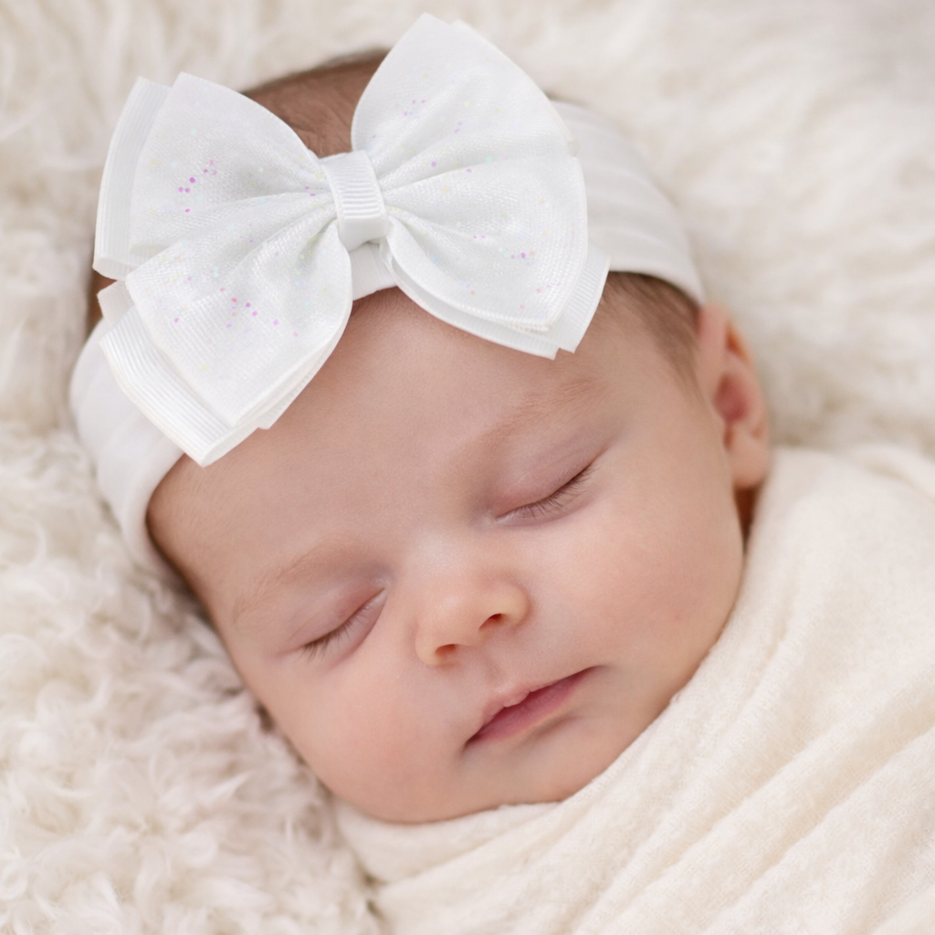 A lifestyle mock-up of a peacefully sleeping newborn baby wearing a soft white elastic headband with a large glitter tulle bow. The bow features delicate pastel sparkles and a layered design, sitting comfortably on the baby’s head. Styled on a plush neutral blanket with gentle, natural lighting, this image highlights the headband’s elegant, timeless look—ideal for newborn photography, christenings, baby showers, and special occasions.