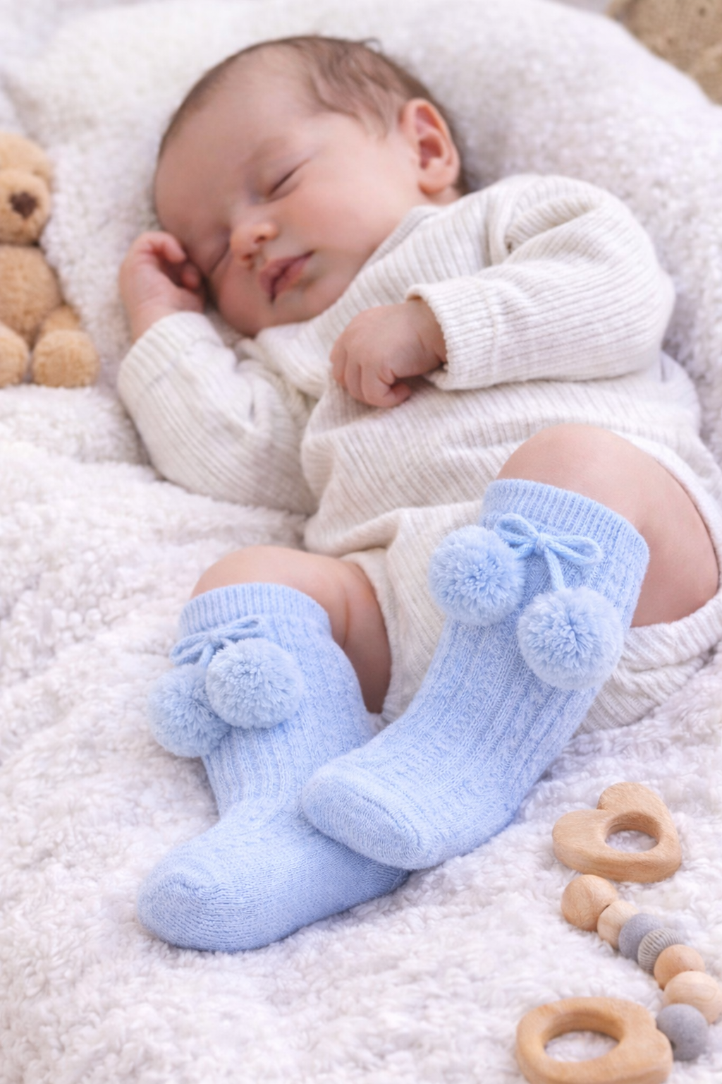 Sleeping newborn baby dressed in a soft neutral ribbed onesie, wearing baby blue knit knee-high socks with fluffy pom-poms, resting on a plush white blanket with wooden baby toys nearby.