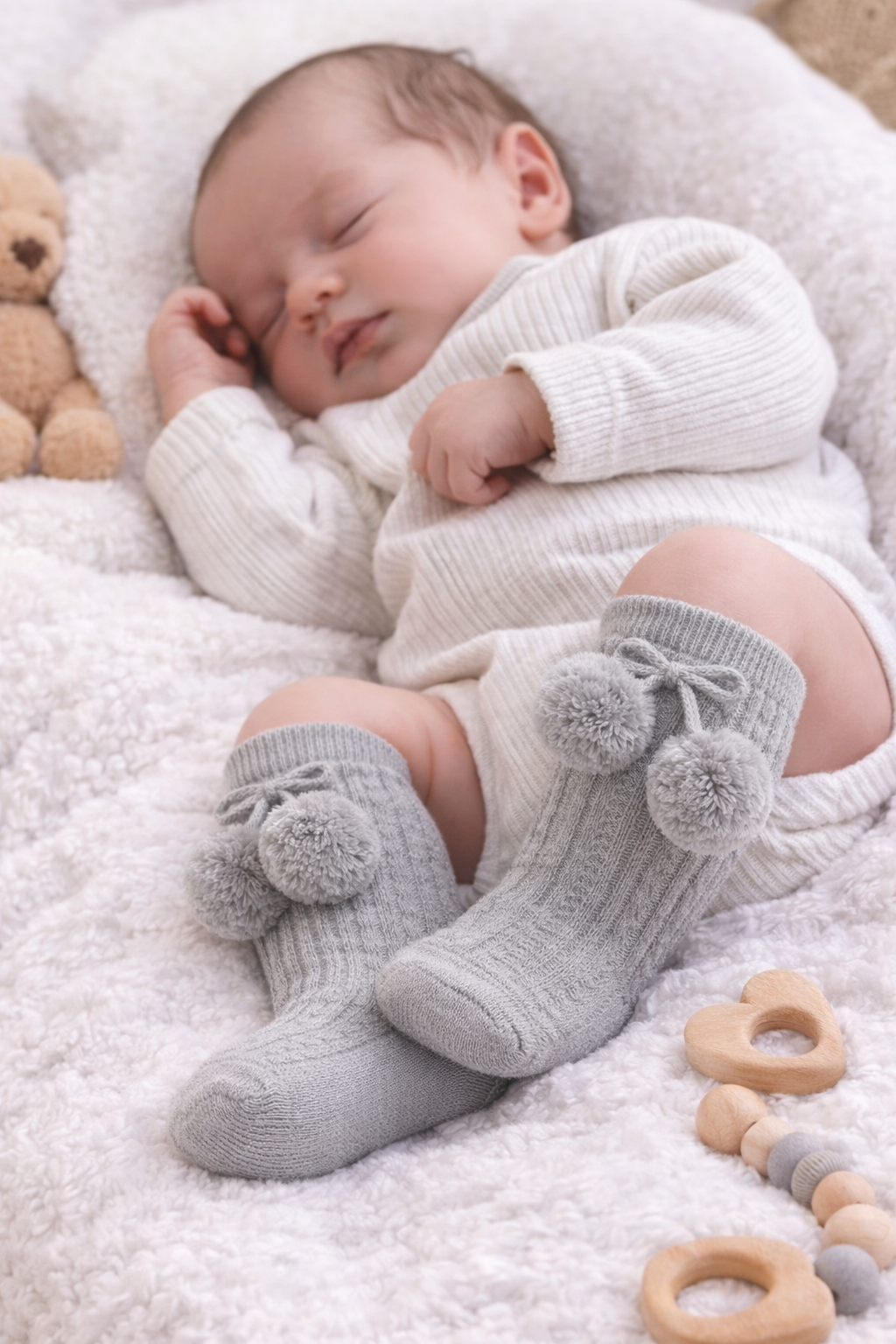 Sleeping newborn baby dressed in a neutral ribbed onesie, wearing grey knit knee-high socks with fluffy pom-poms, resting on a soft white blanket with wooden baby toys nearby.
