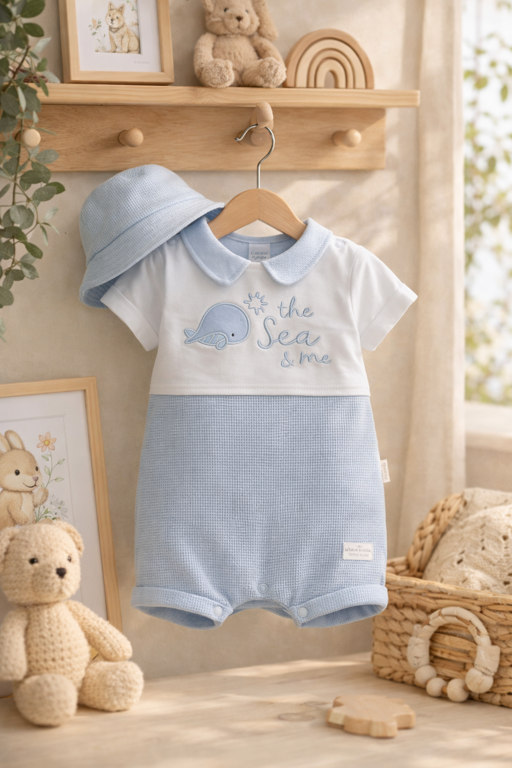 Baby romper with matching hat on a hanger in a nursery setting