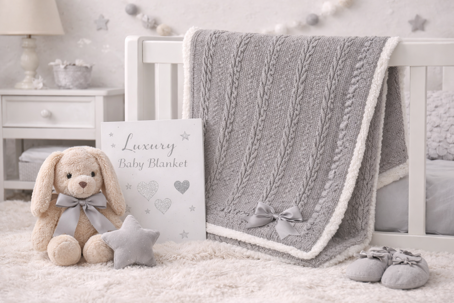 Grey Cable Knit Baby Blanket with Satin Bow & Sherpa Back – 75x100cm
