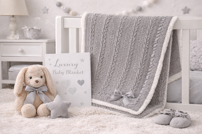 Grey Cable Knit Baby Blanket with Satin Bow & Sherpa Back – 75x100cm