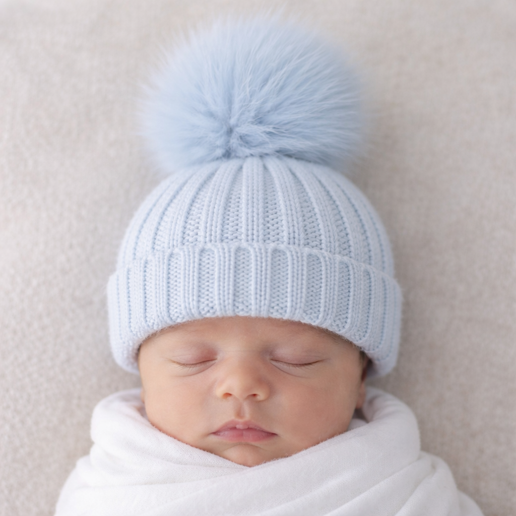 Soft newborn mockup featuring a sleeping baby styled in a pale blue cable knit beanie with a single fluffy pom pom. The baby is wrapped in a white blanket against a neutral background, creating a calm, cosy look ideal for babywear product listings, branding, and marketing imagery.