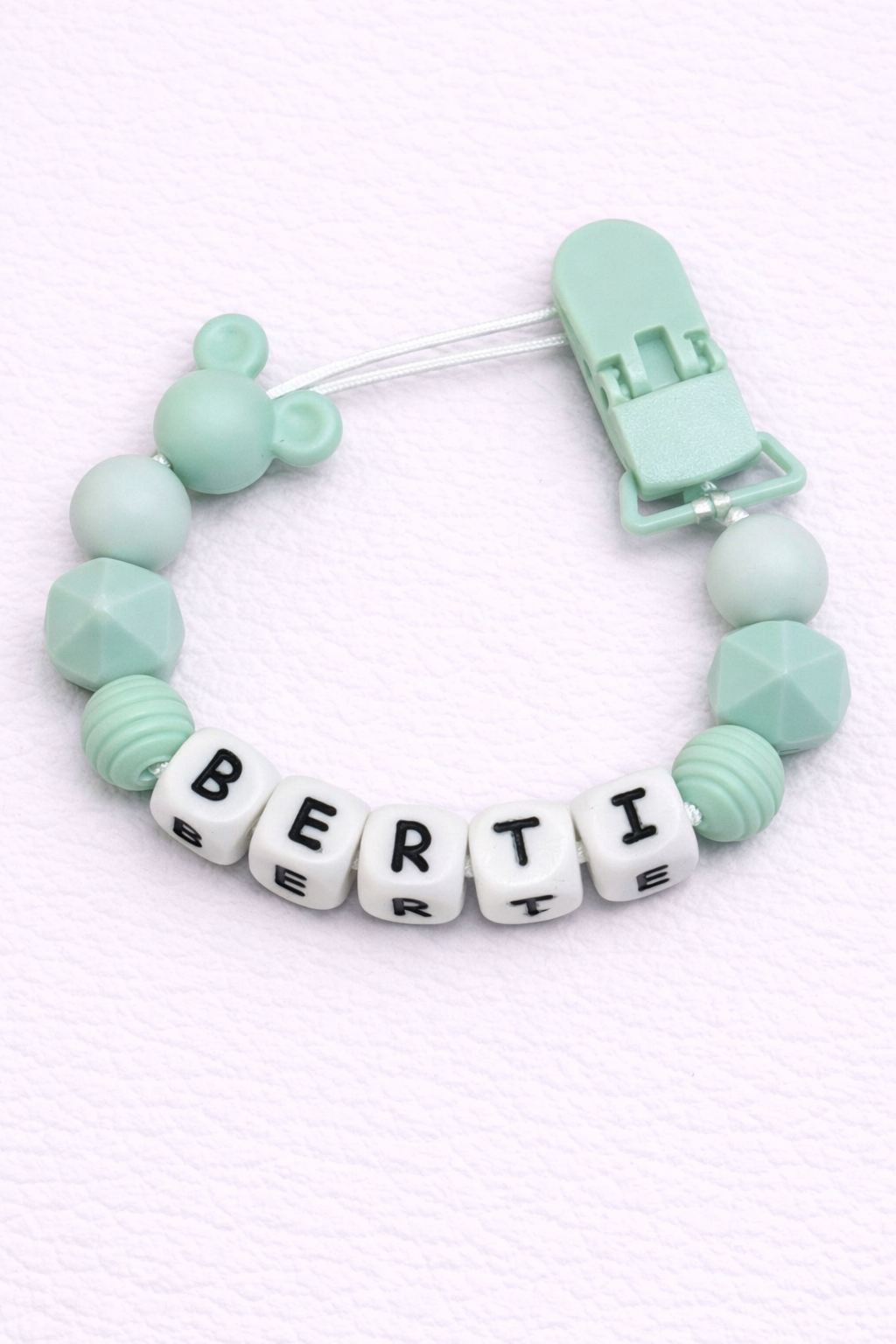 Personalised dummy clip in mint green with mouse topper beads